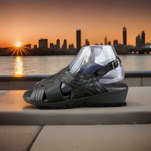 ✅VTG Angel Steps Womens Sandal 8M Open Toe Slingback Black Leather Basket Weaved